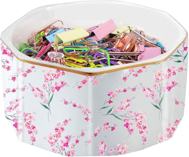 LEAZUL Ceramic Paper Clip Holder Gold Line Paper Clip Dispenser Organizer for Desk Cute Floral Pattern Office Binder Clip Holder Bobby Pin and Hair Clip Holder Gift for Office Pink Flowers - Image 1